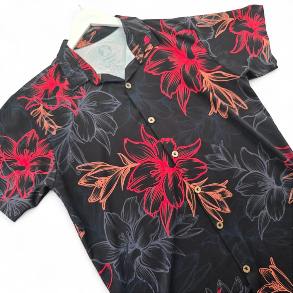 Project X Mens Large Black Floral Button Down Shirt Polyester Spandex Aloha